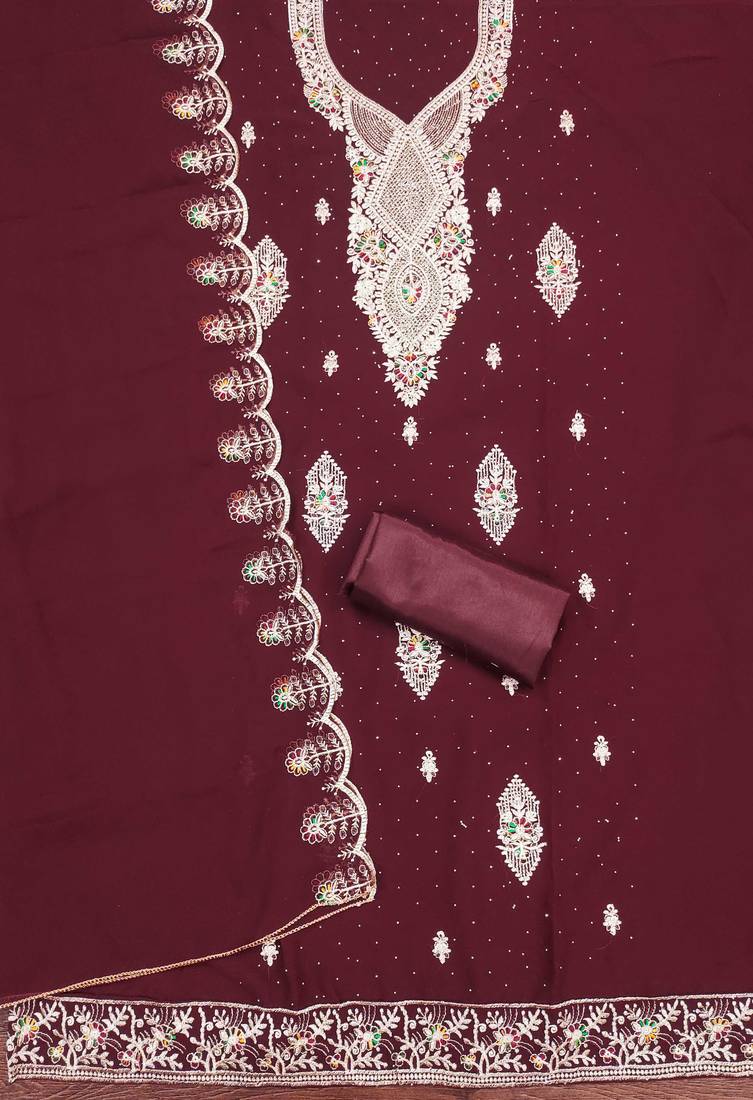 Maroon embroidered georgette semi stitched churidar dress-materials