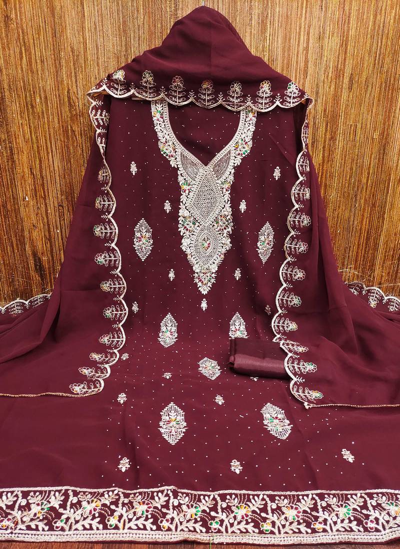 Maroon embroidered georgette semi stitched churidar dress-materials