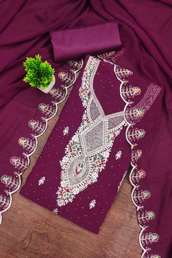 Purple embroidered georgette semi stitched churidar dress-materials
