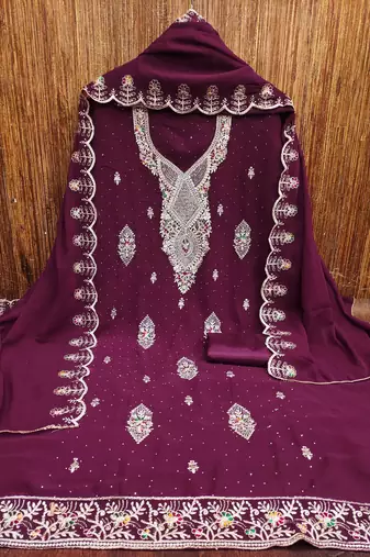 Purple embroidered georgette churidar dress-materials