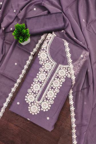 Lavender embroidered georgette semi stitched churidar dress-materials