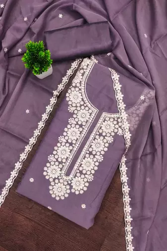 Lavender embroidered georgette semi stitched churidar dress-materials