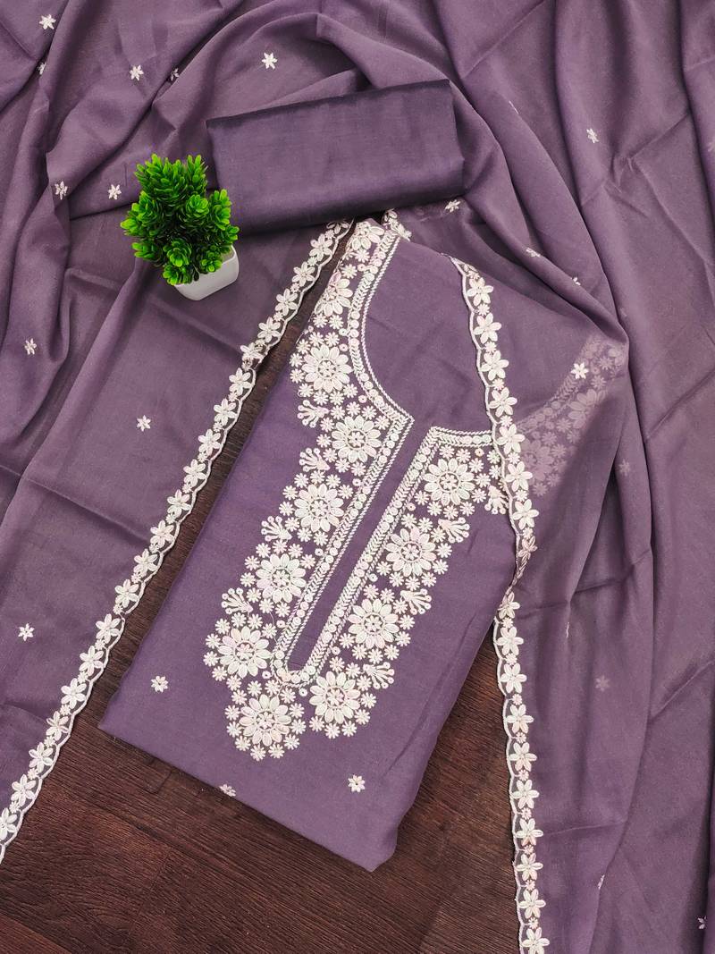 Lavender embroidered georgette semi stitched churidar dress-materials