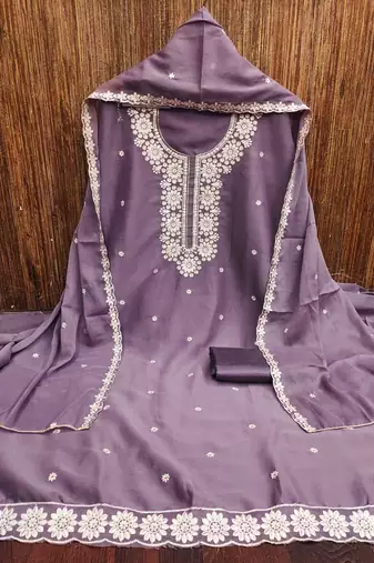 Lavender embroidered georgette churidar dress-materials