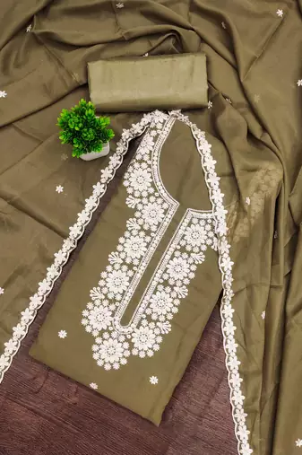 Olive embroidered georgette semi stitched churidar dress-materials