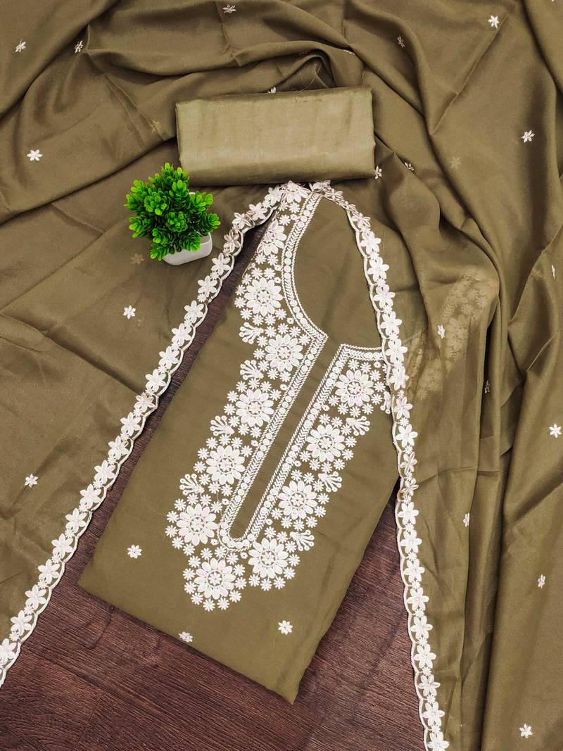 Olive embroidered georgette semi stitched churidar dress-materials