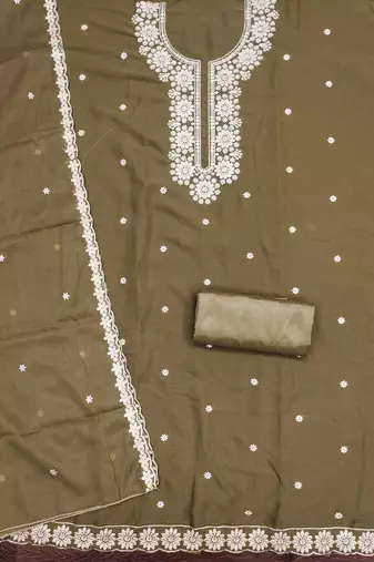 Olive embroidered georgette churidar dress-materials