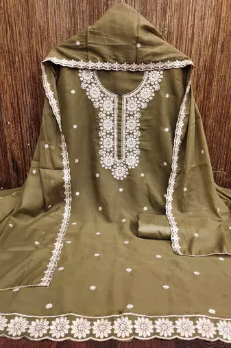 Olive embroidered georgette churidar dress-materials