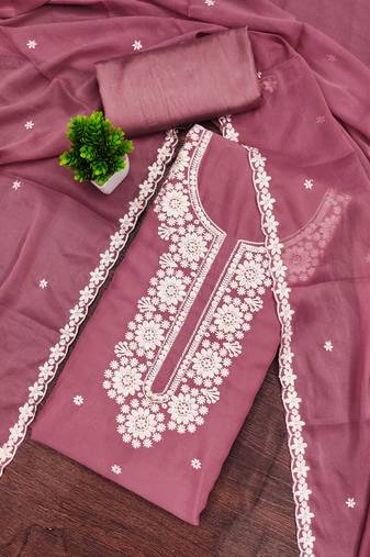 Purple embroidered georgette semi stitched churidar dress-materials