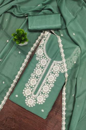 Sea-green embroidered georgette semi stitched churidar dress-materials