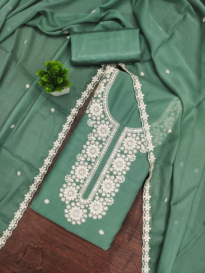 Sea-green embroidered georgette semi stitched churidar dress-materials