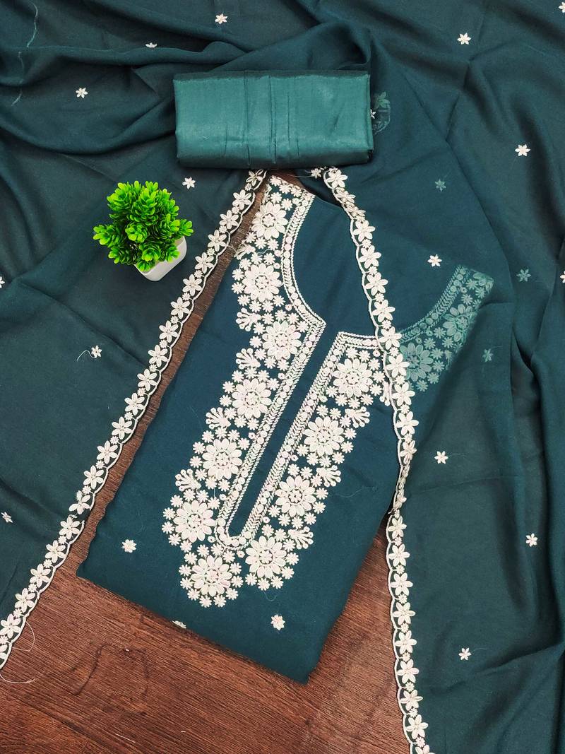 Teal-blue embroidered georgette semi stitched churidar dress-materials