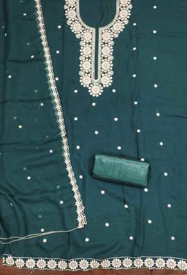Teal-blue embroidered georgette churidar dress-materials 2