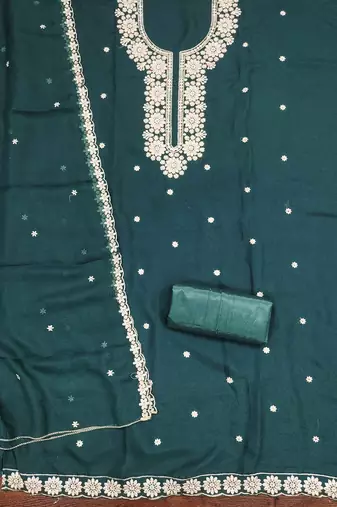 Teal-blue embroidered georgette churidar dress-materials