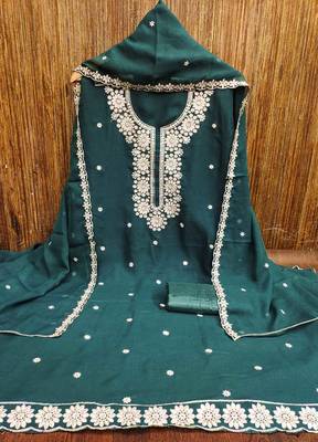Teal-blue embroidered georgette churidar dress-materials 3