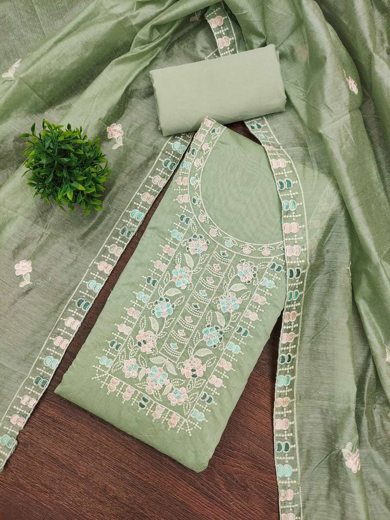 Light-green embroidered cotton semi stitched churidar dress-materials
