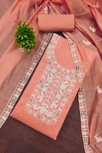 Peach embroidered cotton semi stitched churidar dress-materials