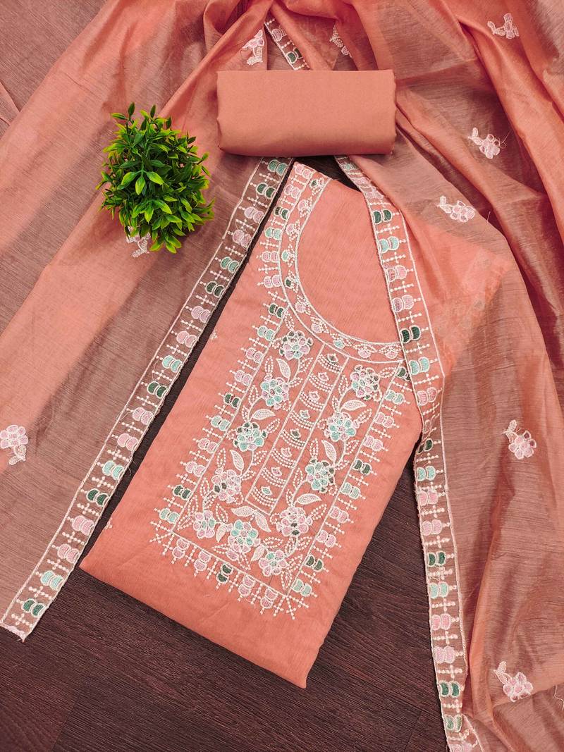 Peach embroidered cotton semi stitched churidar dress-materials