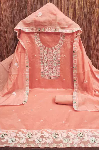 Peach embroidered cotton churidar dress-materials