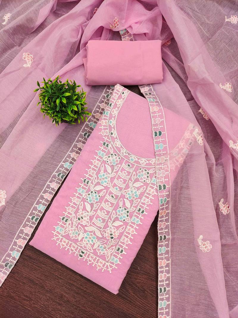 Pink embroidered cotton semi stitched churidar dress-materials