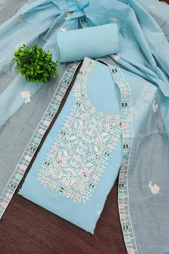 Sky-blue embroidered cotton semi stitched churidar dress-materials