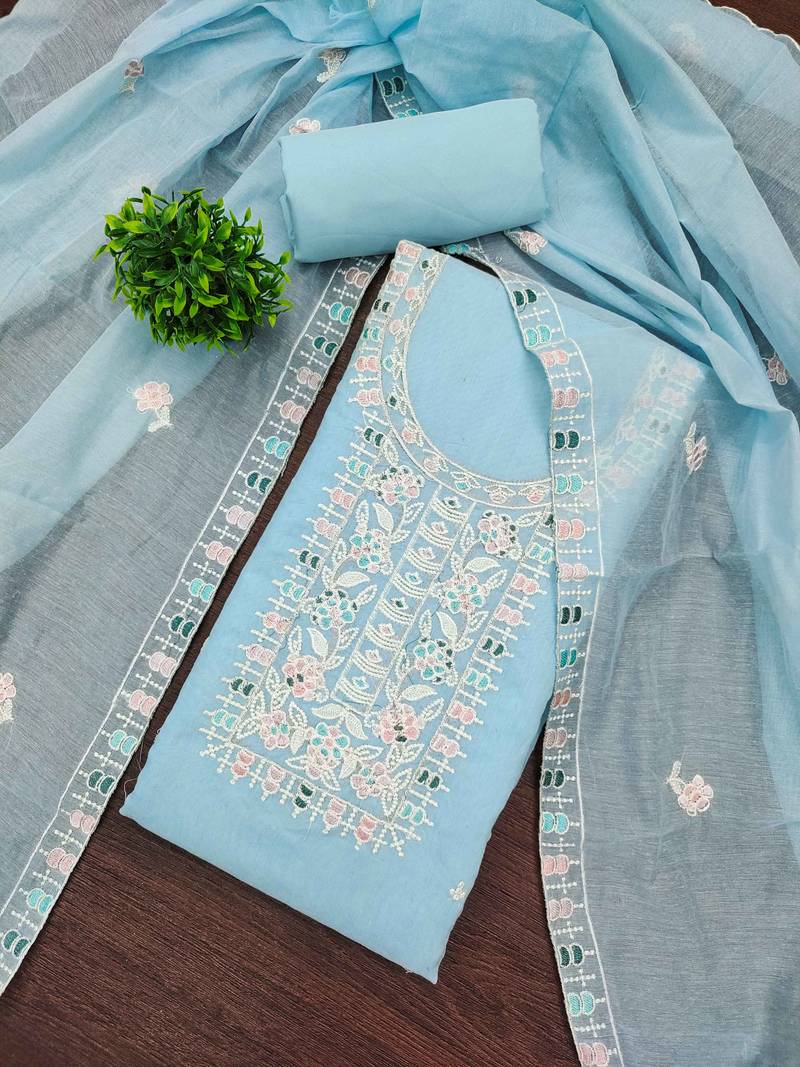 Sky-blue embroidered cotton semi stitched churidar dress-materials
