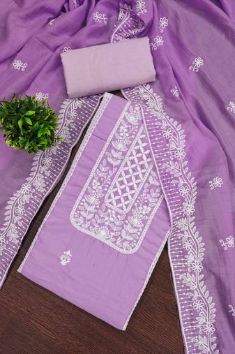 Lavender embroidered cotton semi stitched churidar dress-materials