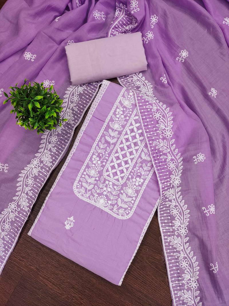 Lavender embroidered cotton semi stitched churidar dress-materials
