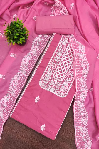 Pink embroidered cotton semi stitched churidar dress-materials