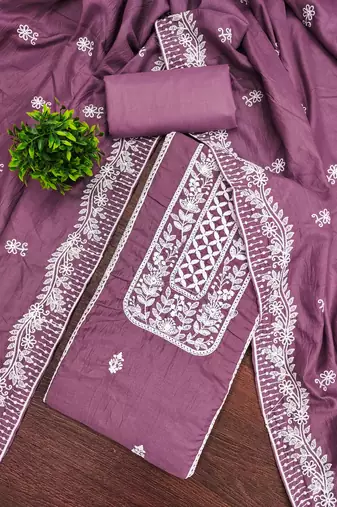Purple embroidered cotton semi stitched churidar dress-materials