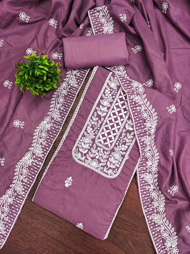 Purple embroidered cotton semi stitched churidar dress-materials
