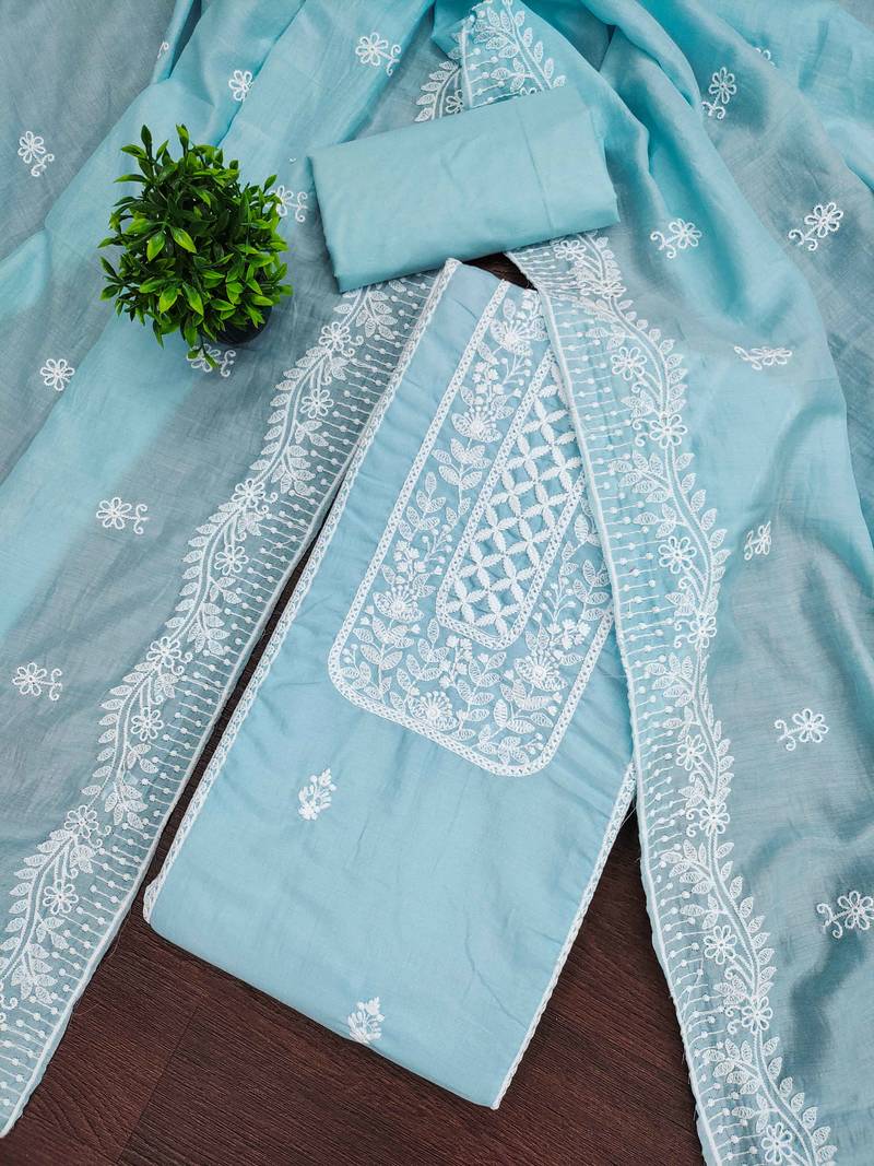 Sky-blue embroidered cotton semi stitched churidar dress-materials