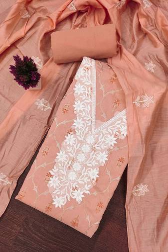 Peach embroidered chanderi semi stitched churidar dress-materials