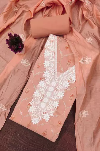 Peach embroidered chanderi semi stitched churidar dress-materials