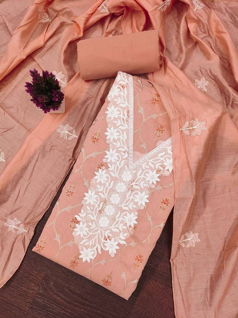 Peach embroidered chanderi semi stitched churidar dress-materials