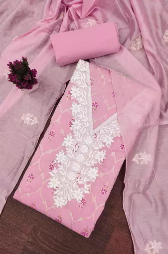 Pink embroidered chanderi semi stitched churidar dress-materials