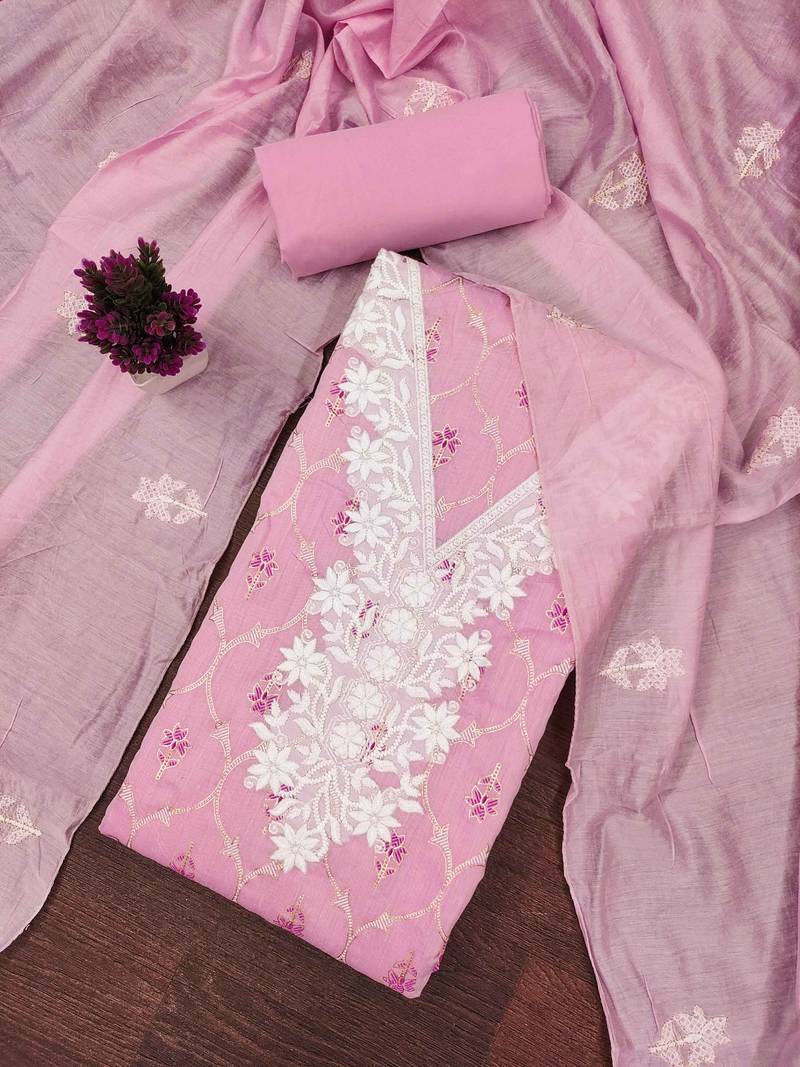 Pink embroidered chanderi semi stitched churidar dress-materials