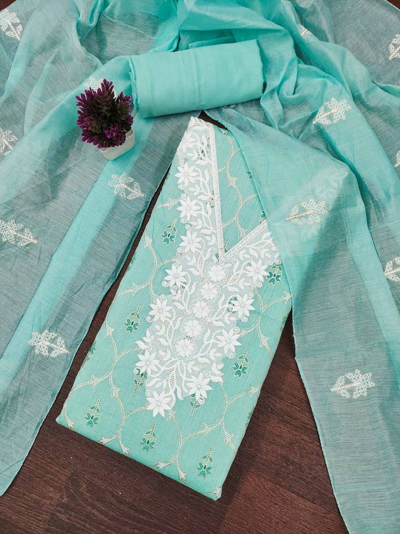 Sea-green embroidered chanderi semi stitched churidar dress-materials