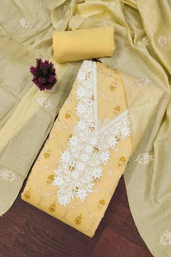Yellow embroidered chanderi semi stitched churidar dress-materials
