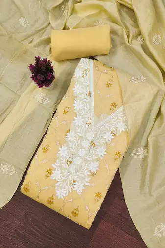 Yellow embroidered chanderi semi stitched churidar dress-materials