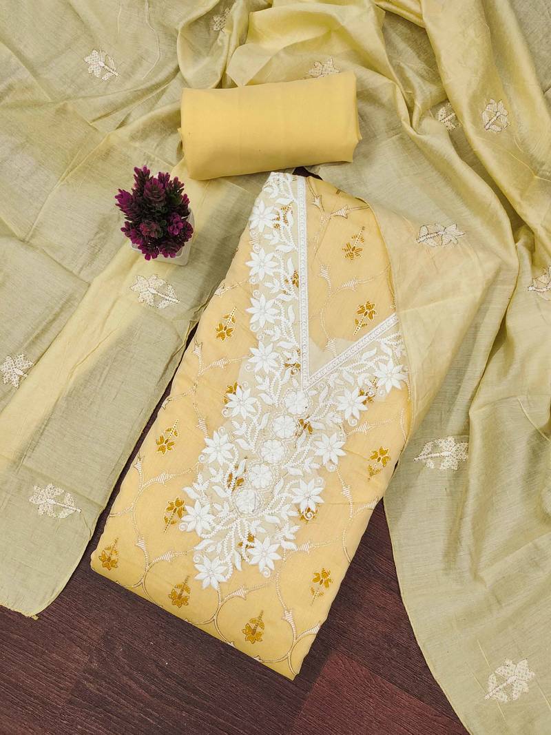 Yellow embroidered chanderi semi stitched churidar dress-materials