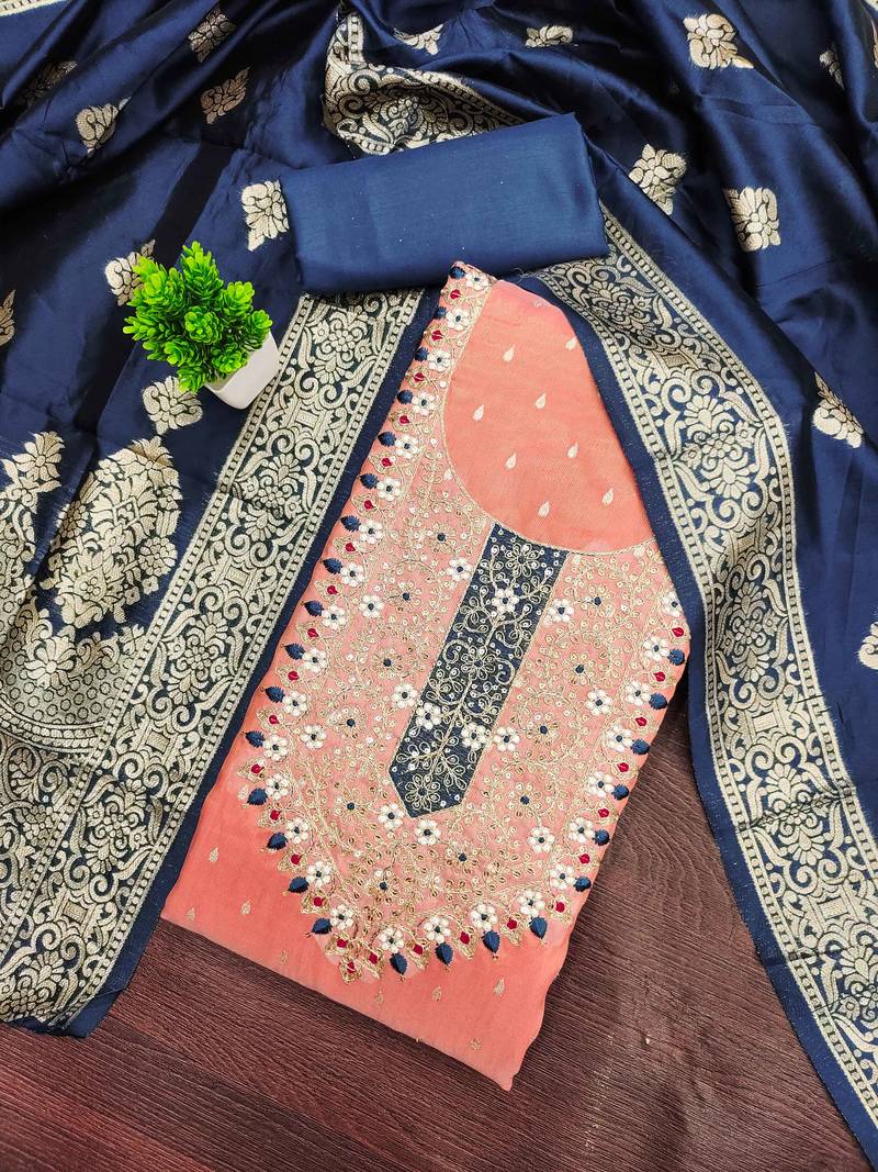 Peach woven shimmer semi stitched churidar dress-materials