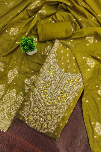 Mehendi woven shimmer semi stitched churidar dress-materials