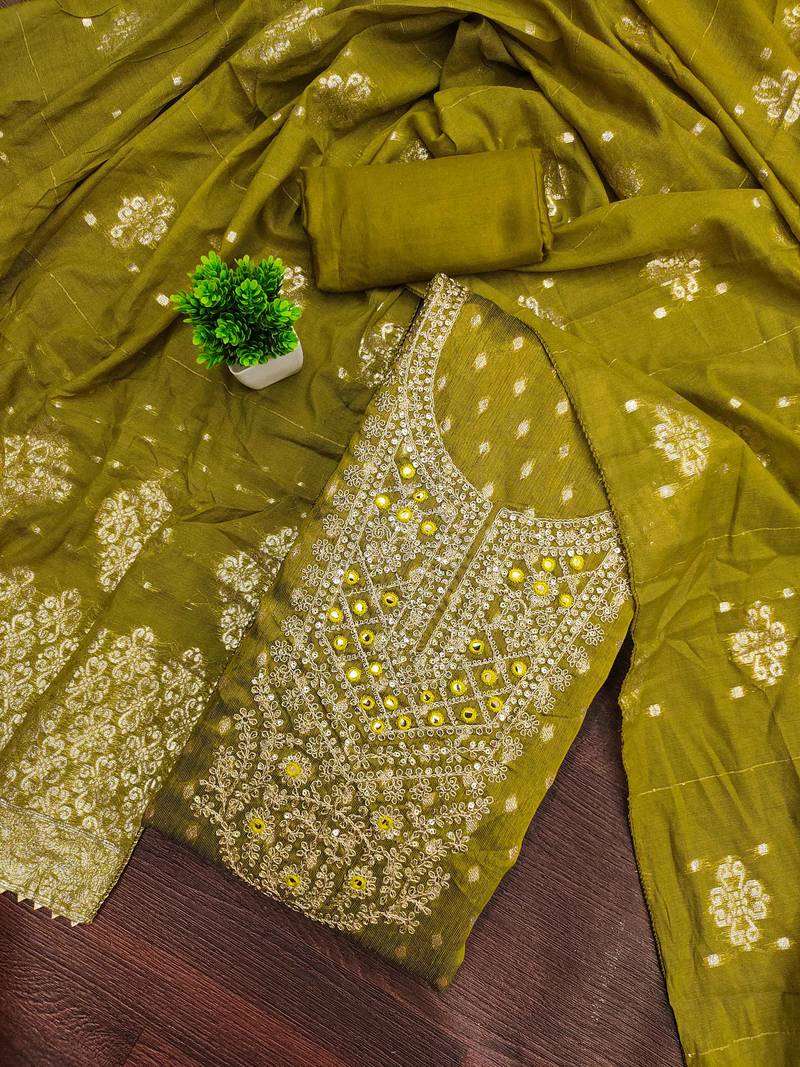 Mehendi woven shimmer semi stitched churidar dress-materials