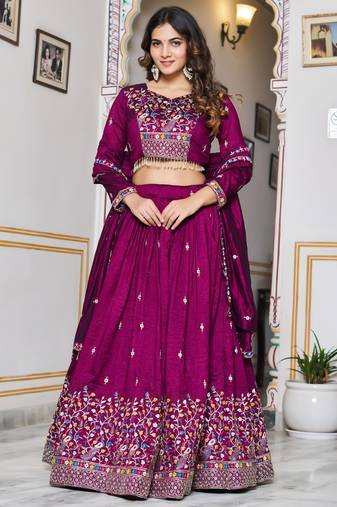 purple thread embroidered silk lehenga set choli with dupatta