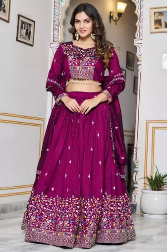 purple thread embroidered silk lehenga set choli with dupatta