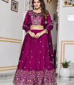 purple thread embroidered silk lehenga set choli with dupatta