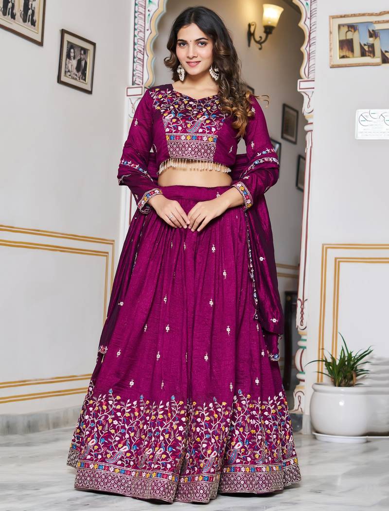 purple thread embroidered silk lehenga set choli with dupatta