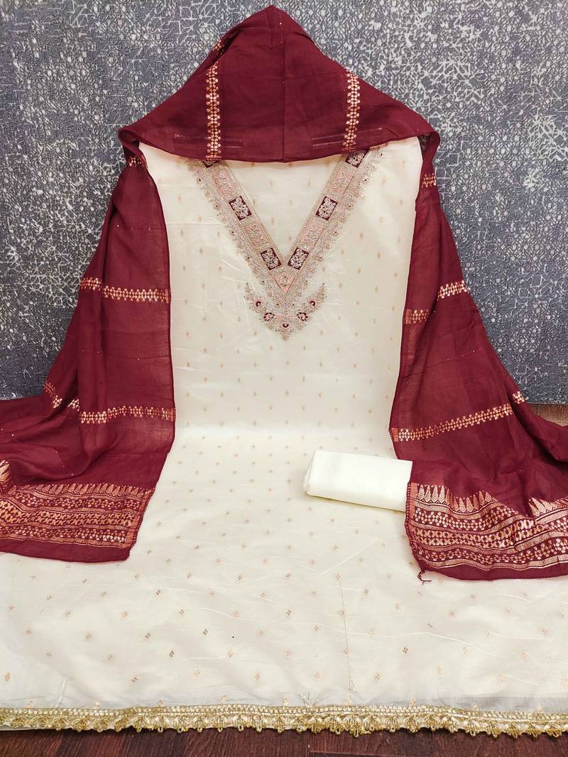 White woven cotton semi stitched churidar dress-materials
