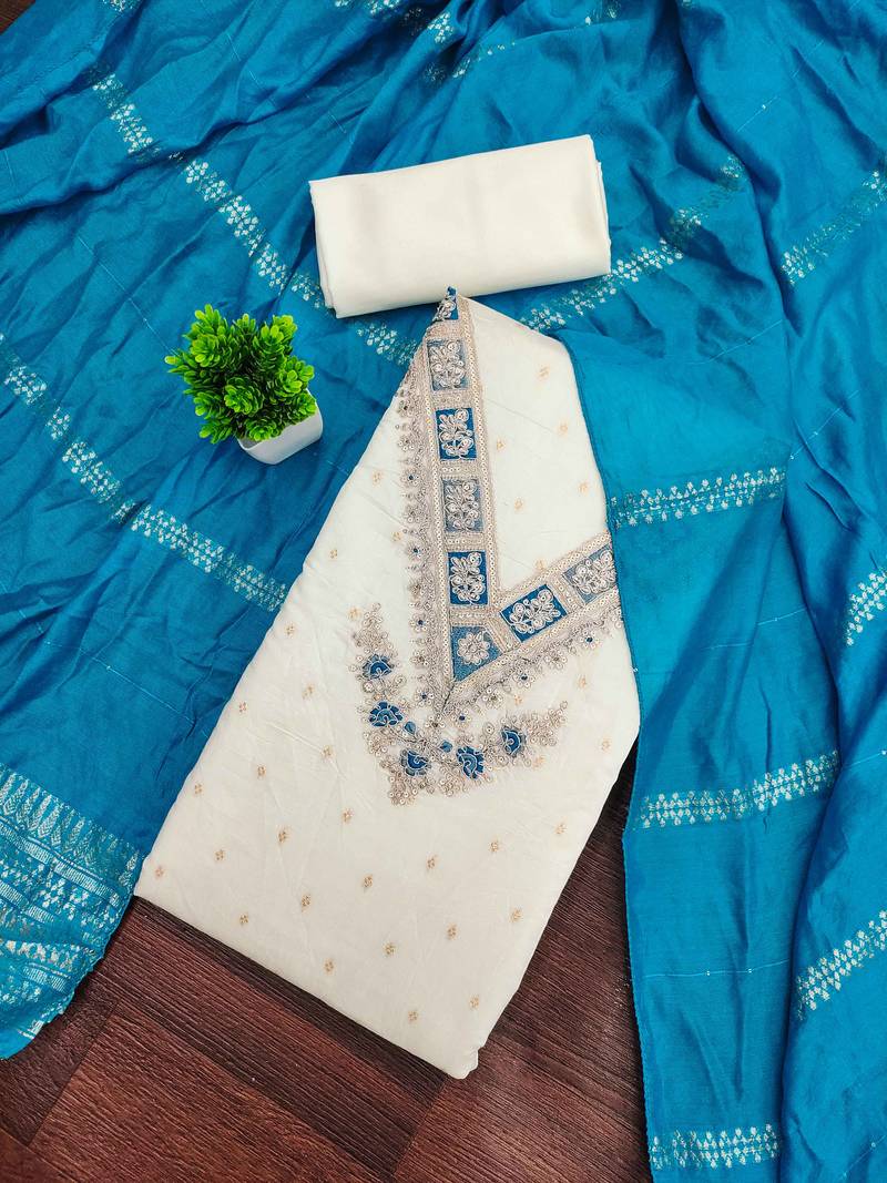 White woven cotton semi stitched churidar dress-materials